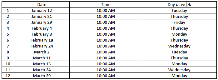 Training session dates and times chart