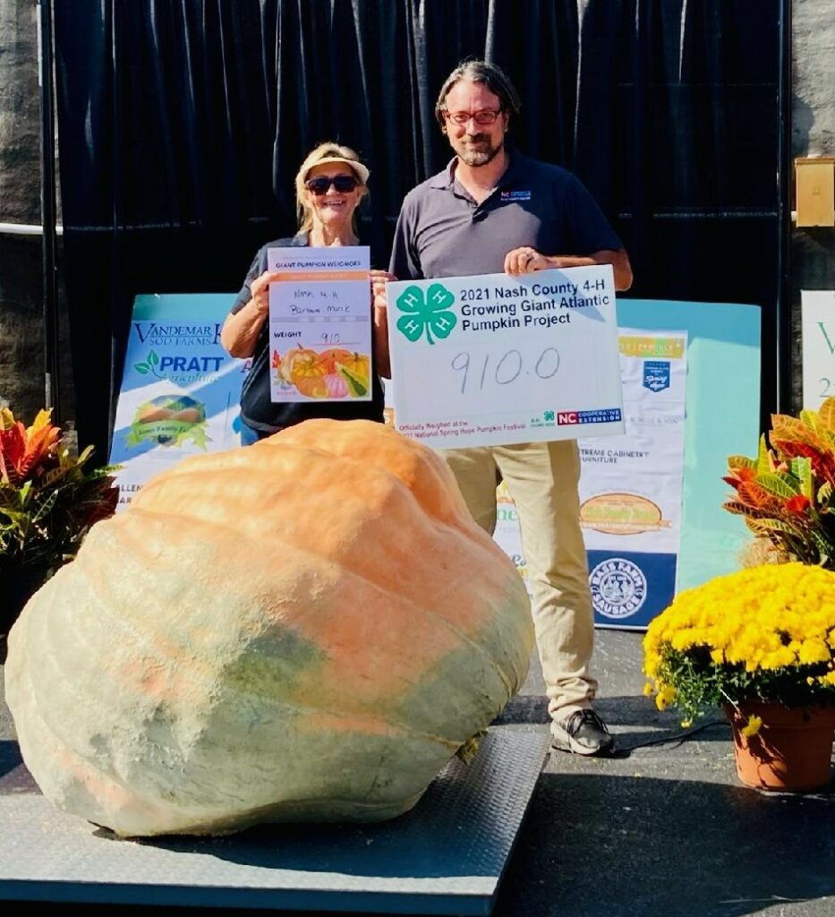 Two people standing behind a giant pumpkin