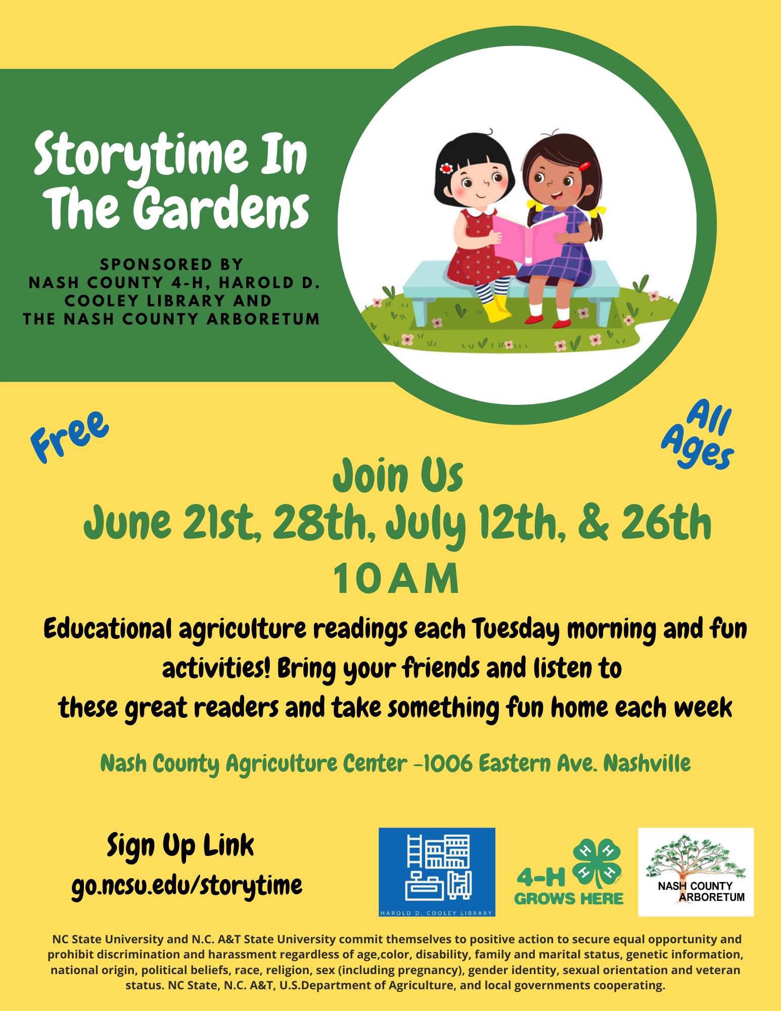 A flyer for storytime in the Gardens, June 21st, June 28th, July 12th, July 26th at 10 a.m. 