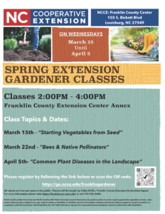Spring 2023 Extension Gardener flyer dates and registration info and garden photos.