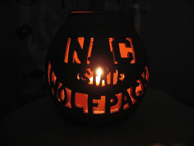 "jack-o-lantern" with NC State Wolfpack carved into it